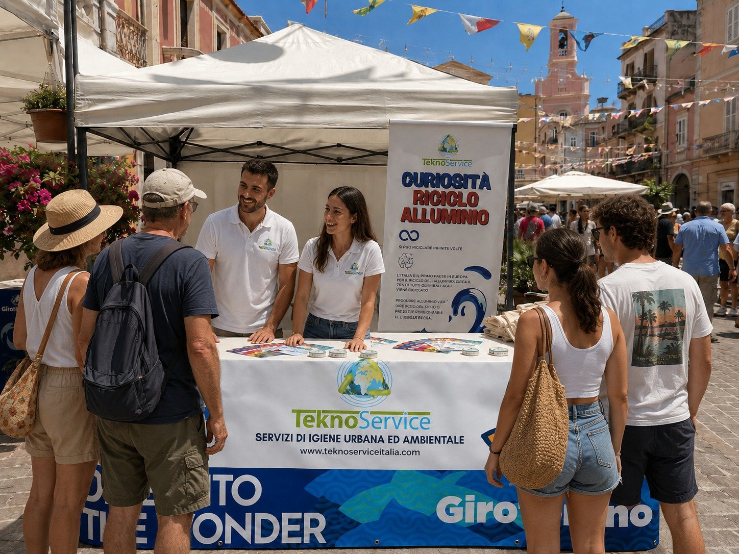 Stand informativo sul riciclo in piazza con visitatori
