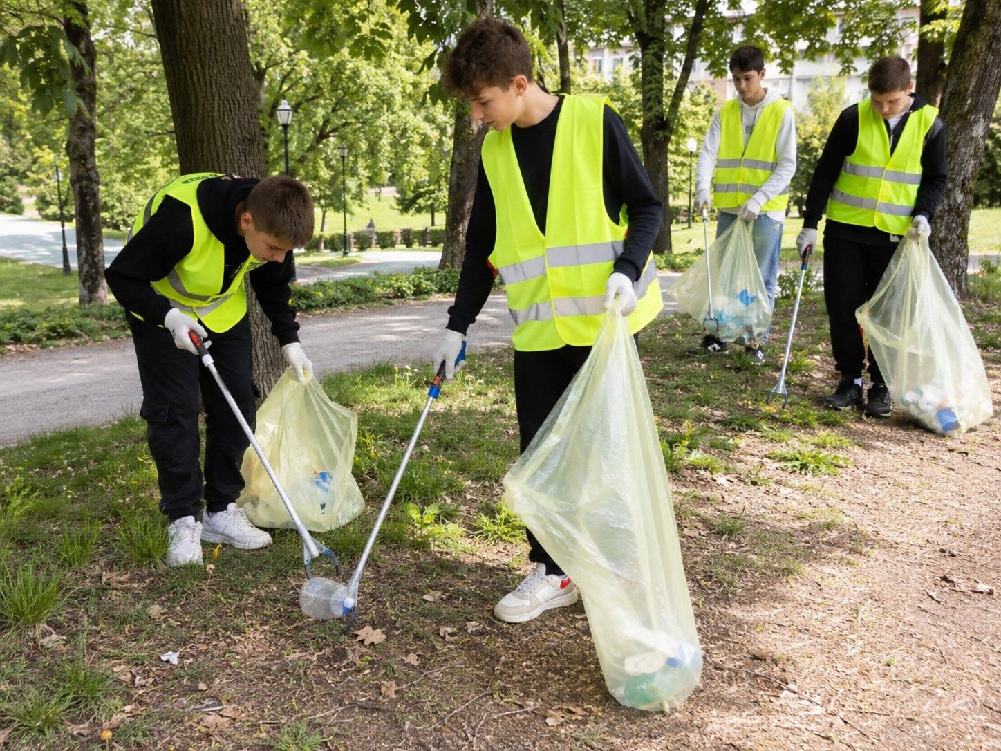 Ragazzi con gilet alta visibilità raccolgono rifiuti nel parco